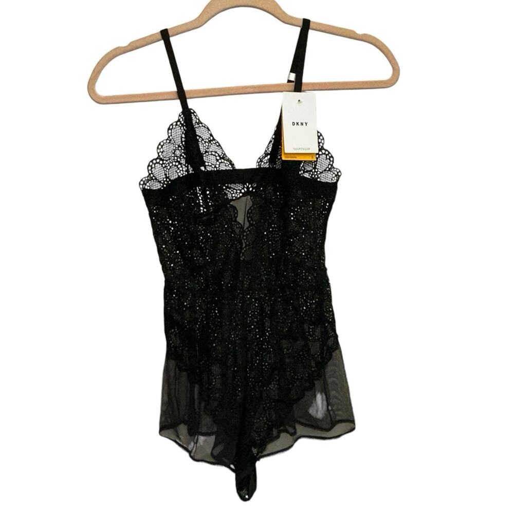 NWT DKNY Black Lace Bodysuit Shapewear Small Sheer Lingerie Teddy Mesh‎ Trim